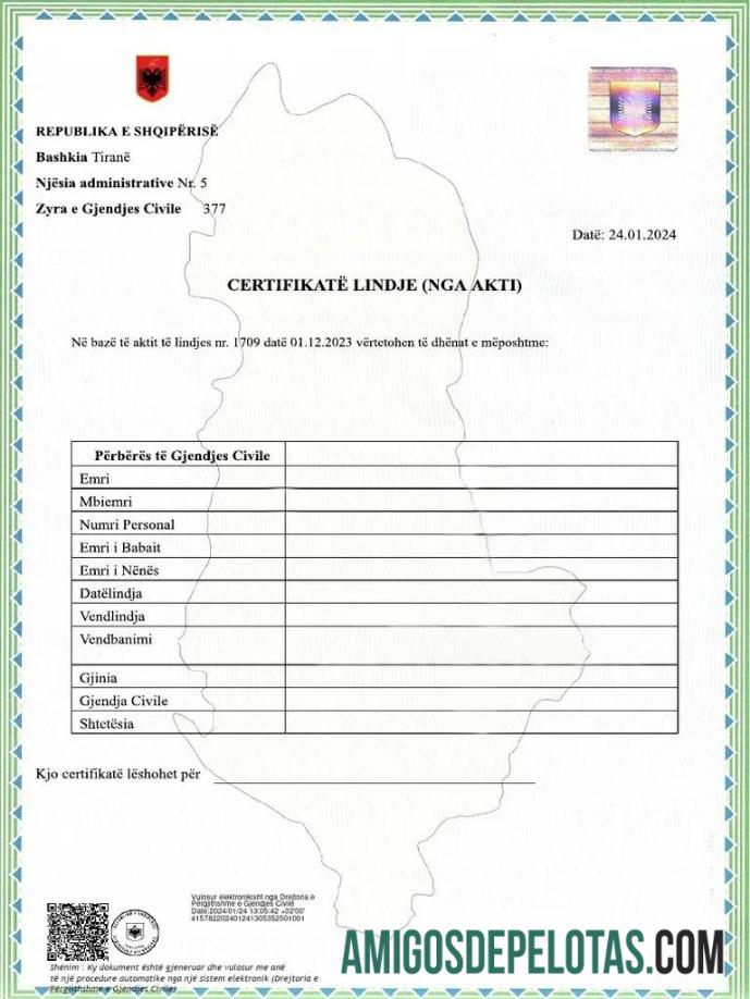 Certidão de Nascimento da Divisão Administrativa da Albânia modelo